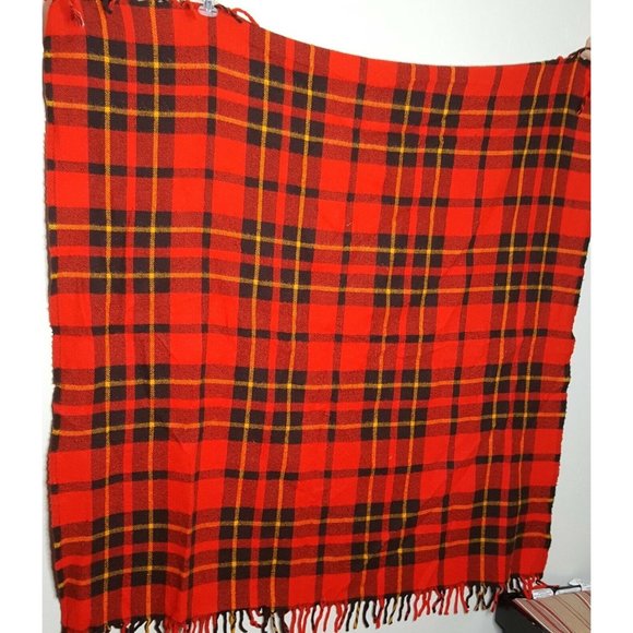 Vtg Faribo Loomed Wool Throw Blanket Plaid Red Black Yellow w Zip Bag 52 x 54 - Picture 1 of 7